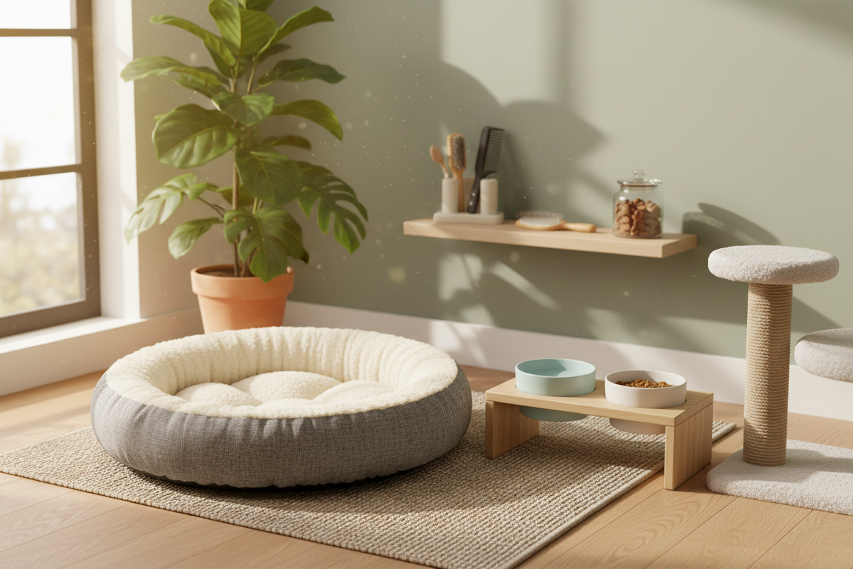 A Comfortable Pet Care Corner with Beds & Furniture, Feeding & Watering Supplies, and Grooming