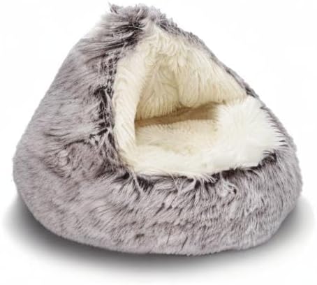 ShinHye Cat Bed Round Plush Fluffy Hooded Cat Bed Cave, Cozy - Image 8