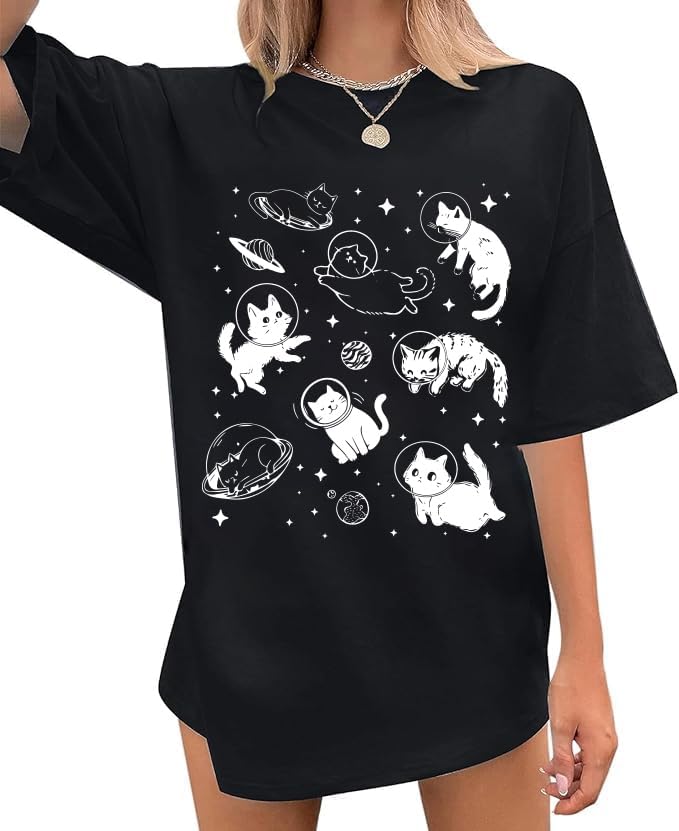 Cat Shirts for Women Oversized Cat Mom Shirt Animal Print Tops Cute Teen by Tewmeu