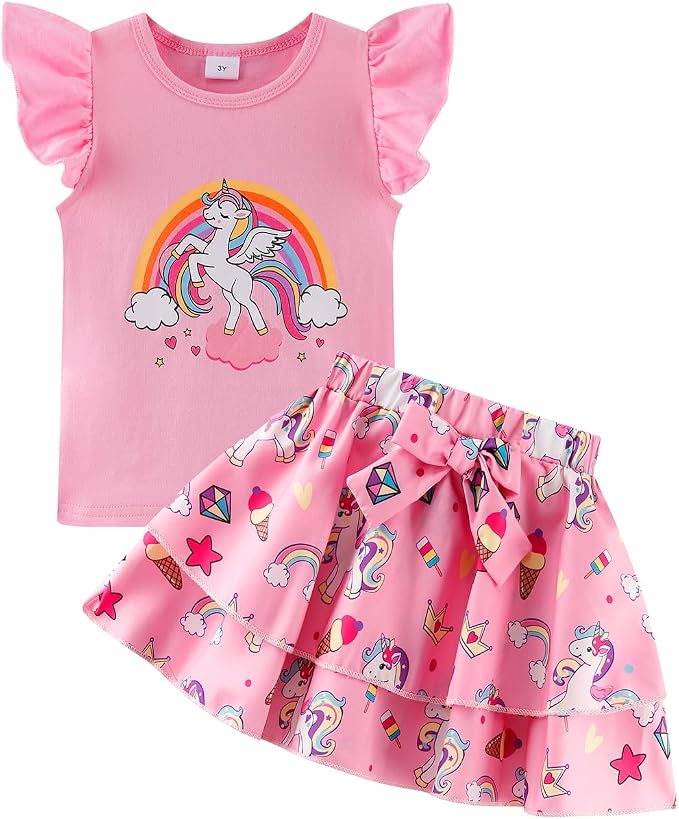 Girls Skirt Set 2 Piece Outfit Toddler Summer Clothes Ruffle Sleeve T-Shirt Bow by zarmfly