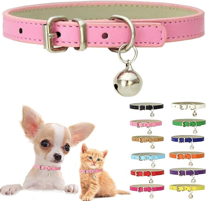 Pink Small Dog Collar with Bell, Soft Pu Leather Cat Collars Adjustable Buckle by Weimostar