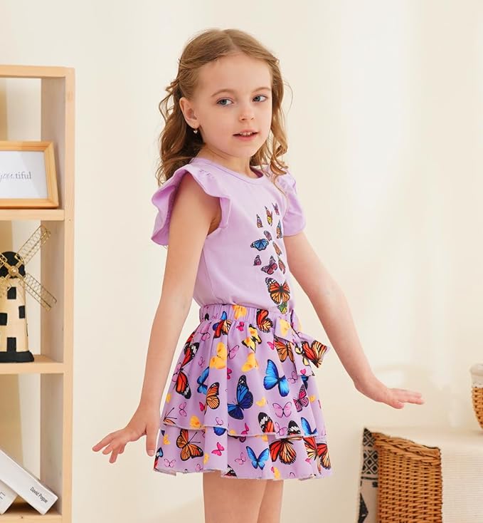 Girls Skirt Set 2 Piece Outfit Toddler Summer Clothes Ruffle Sleeve T-Shirt Bow - Image 3