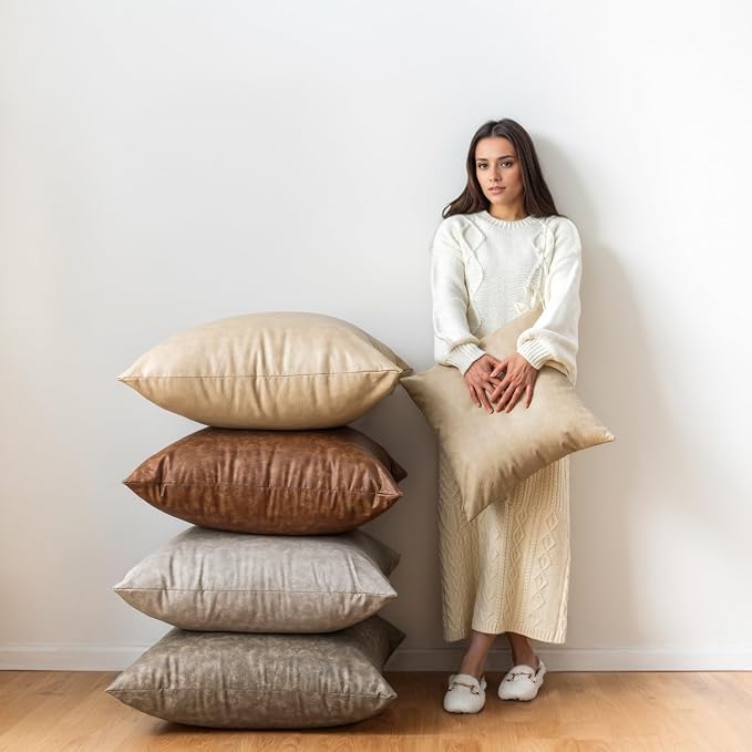 Pack of 2 Oversized Leather Pillow Cover Neutral Decorative, - Image 5