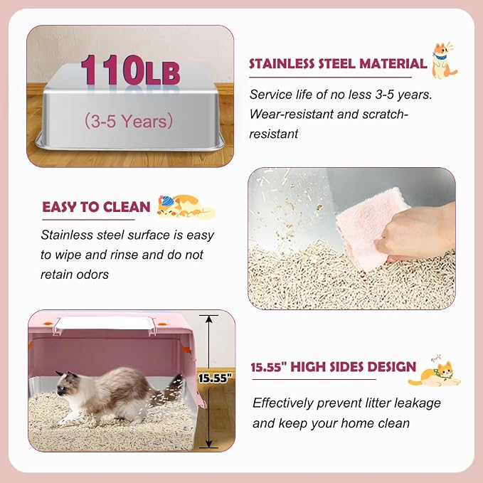 Vivifying Pink Stainless Steel Covered Cat Litter Box – Odor-Control, - Image 6