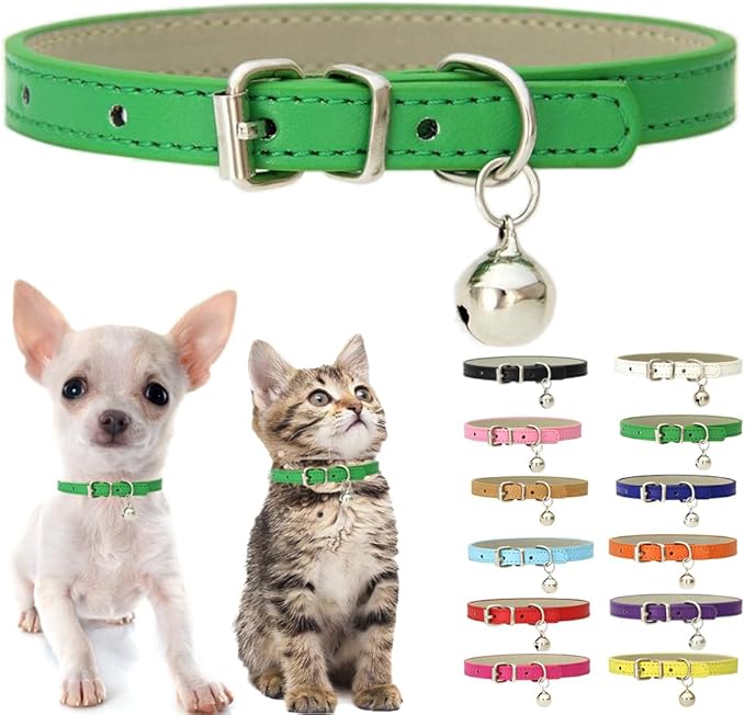 Green XXS Dog Collar with Bell, Soft Pu Leather Cat Collars Adjustable Buckle by Weimostar