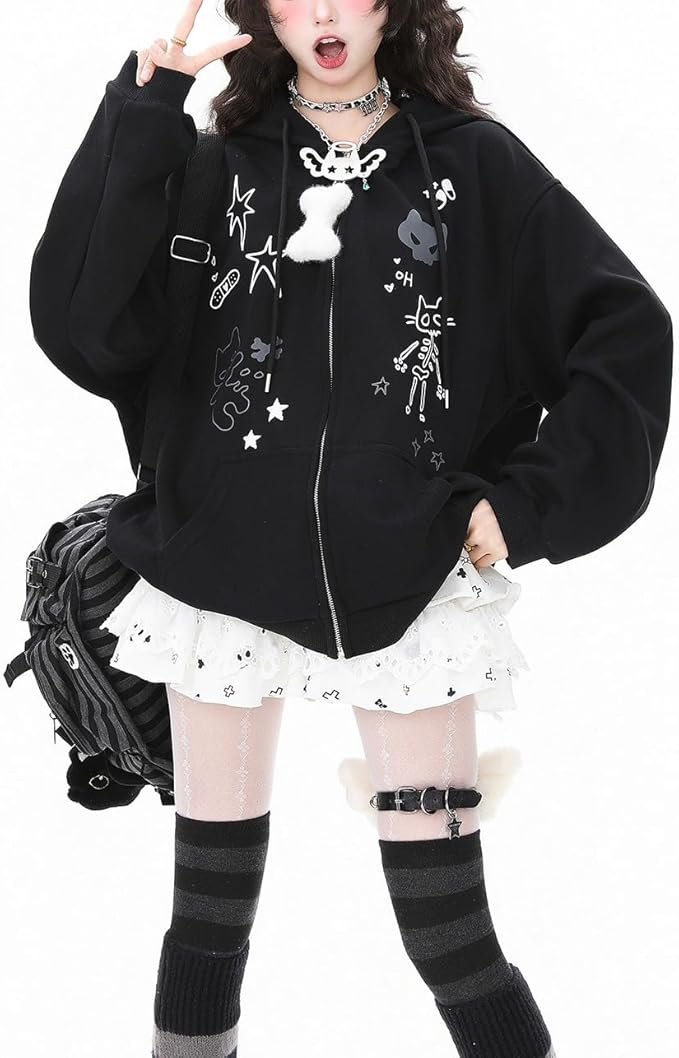 Womens Y2K Zip Up Cute Graphic Hoodies Cat Ears Casual Cartoon Harajuku Kawaii - Image 3
