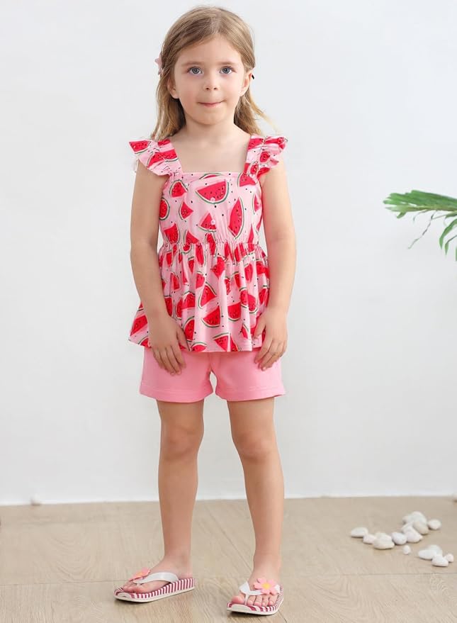 Toddler Baby Girls Summer Clothes Outfits Ruffled Sleeve Dinosaur Shirt Leopard - Image 2