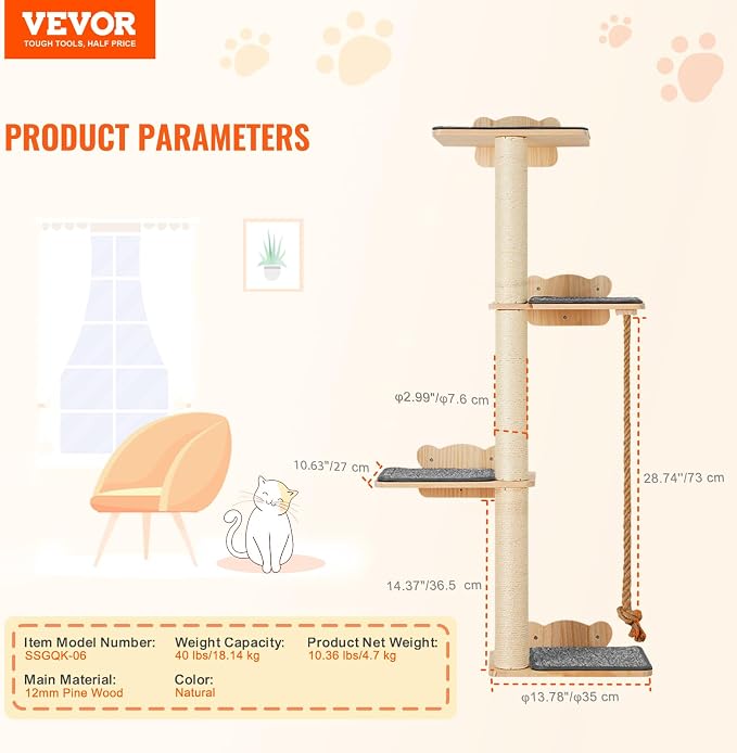 VEVOR 4 Tiers Tall Cat Wall Furniture Set - Image 8