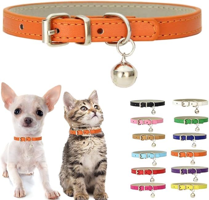 Orange Puppy Collar with Bell, Soft Pu Leather Cat Collars Adjustable Buckle by Weimostar