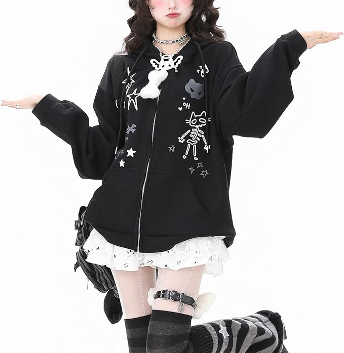 Womens Y2K Zip Up Cute Graphic Hoodies Cat Ears Casual Cartoon Harajuku Kawaii - Image 4