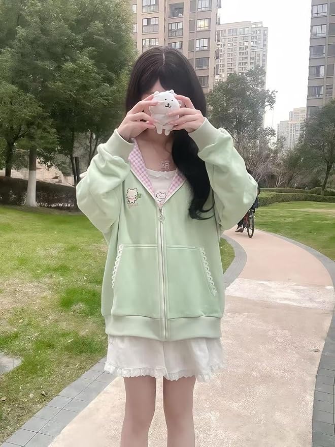 Womens Y2K Zip Up Cute Graphic Hoodies Cat Ears Casual Cartoon Harajuku Kawaii - Image 2