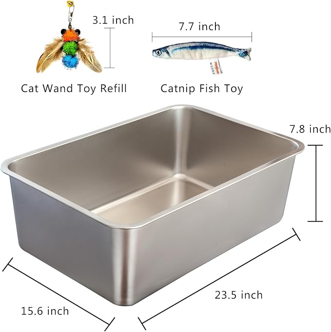 2-Pack XXL Stainless Steel Cat Litter Boxes, Includes Catnip Fish Toy & Wand - Image 2
