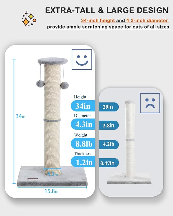 Kilodor Cat Scratching Post 34 Inches Large Sturdy Cat Post - Image 3