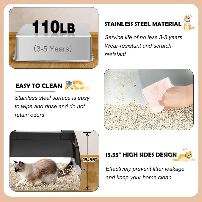 Vivifying Stainless Steel Litter Box, XL Side Entry Extra Large Litter Box - Image 4