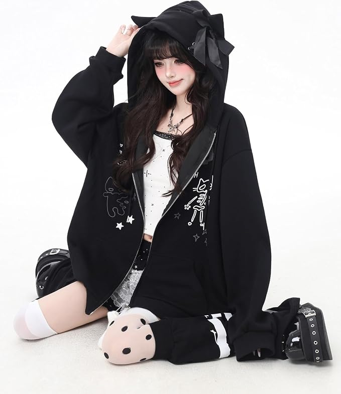 Womens Y2K Zip Up Cute Graphic Hoodies Cat Ears Casual Cartoon Harajuku Kawaii - Image 2
