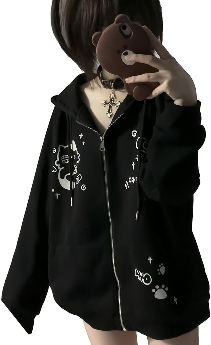 Womens Y2K Zip Up Cute Graphic Hoodies Cat Ears Casual Cartoon Harajuku Kawaii by WelcometoDynict