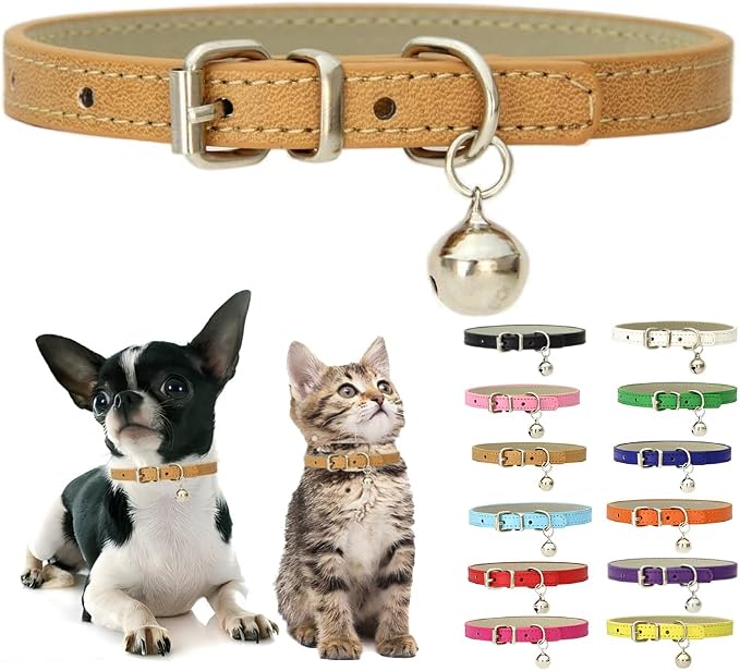 Khaki XXS Dog Collar with Bell, Soft Pu Leather Cat Collars Adjustable Buckle by Weimostar