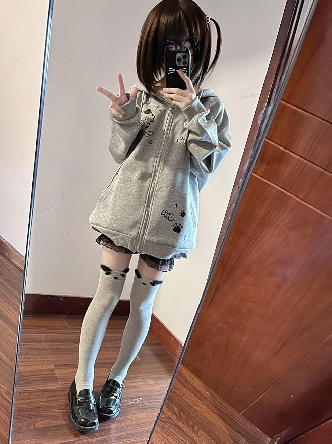 Womens Y2K Zip Up Cute Graphic Hoodies Cat Ears Casual Cartoon Harajuku Kawaii - Image 4