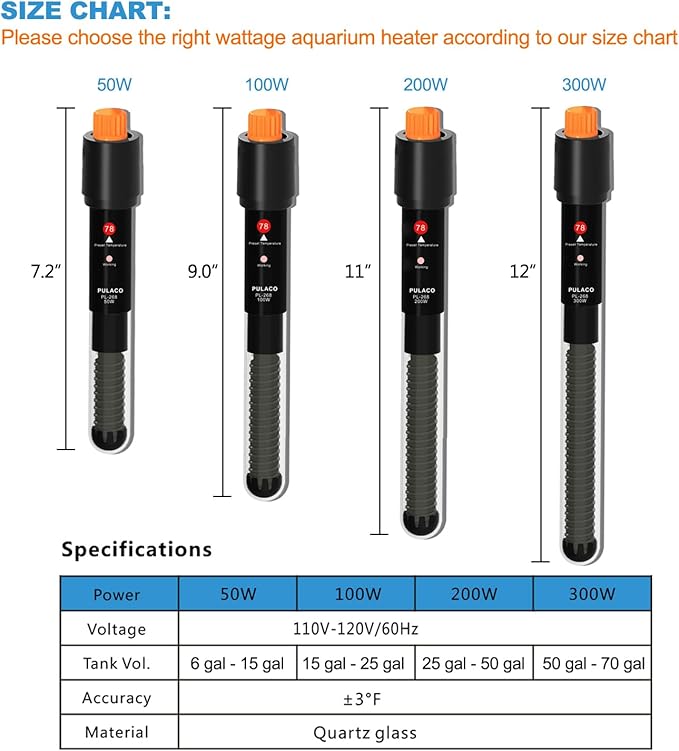 PULACO 200Watt Aquarium Heater for 25-50 Gallon Fish Tank, Adjustable - Image 2