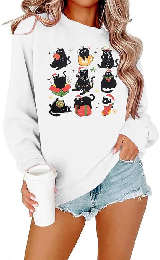 FRYAID Cat Sweatshirt Women Funny Black Cat Graphic Sweater Casual Cat Crewneck by FRYAID