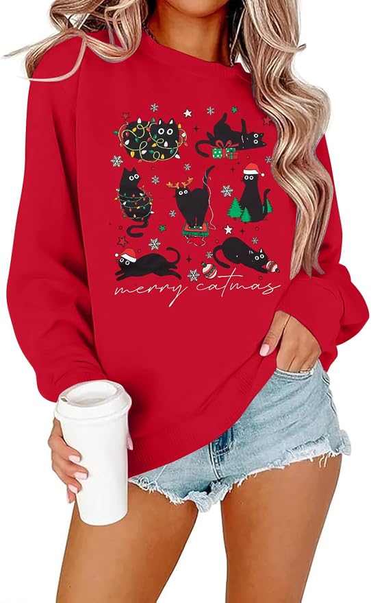 FRYAID Cat Sweatshirt Women Funny Black Cat Graphic Sweater Casual Cat Crewneck by FRYAID