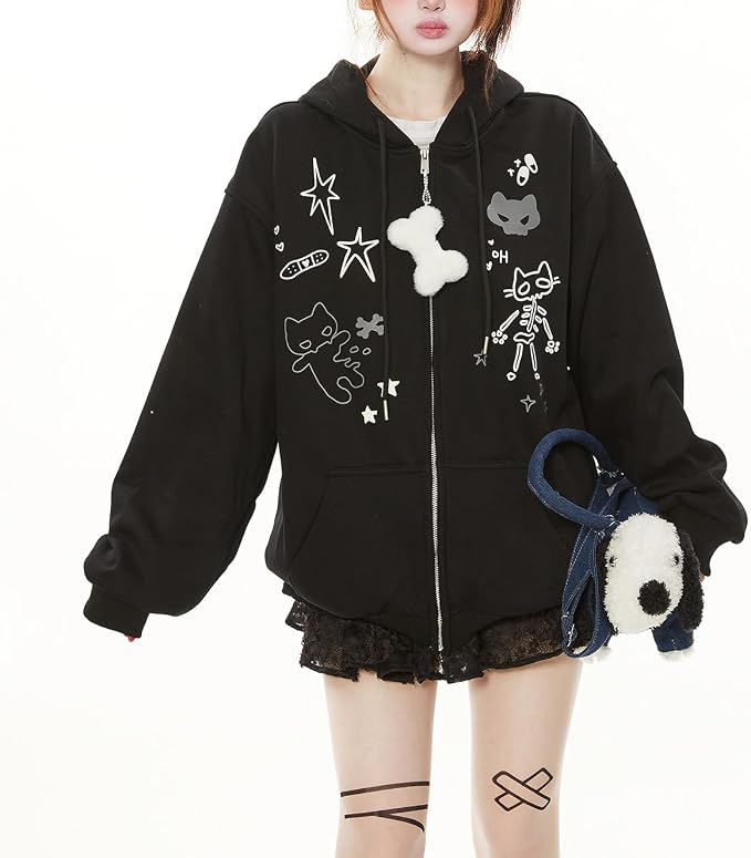 Womens Y2K Zip Up Cute Graphic Hoodies Cat Ears Casual Cartoon Harajuku Kawaii - Image 5