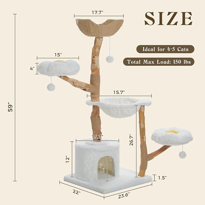 59" Modern Cat Tree Tower for Large Cats w/2 Flower Perches-Natural Solid Wood - Image 3