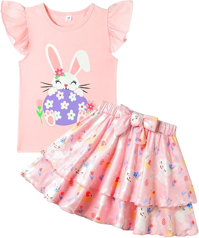 Girls Skirt Set 2 Piece Outfit Toddler Summer Clothes Ruffle Sleeve T-Shirt Bow by zarmfly
