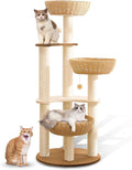 52" Modern Cat Tree Tower for Large Cats, 3Cat Nests Manual Hand Woven by Hiyong