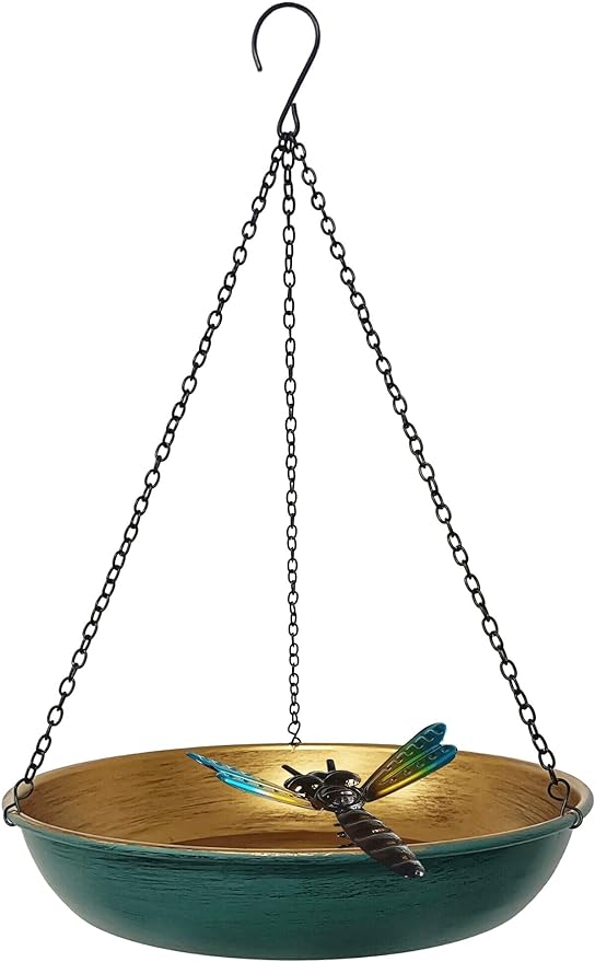 Hanging Birdbath Bird Feeder for Outdoor 11 Inch Green/Bronze Cute Metal Bird by Keygift
