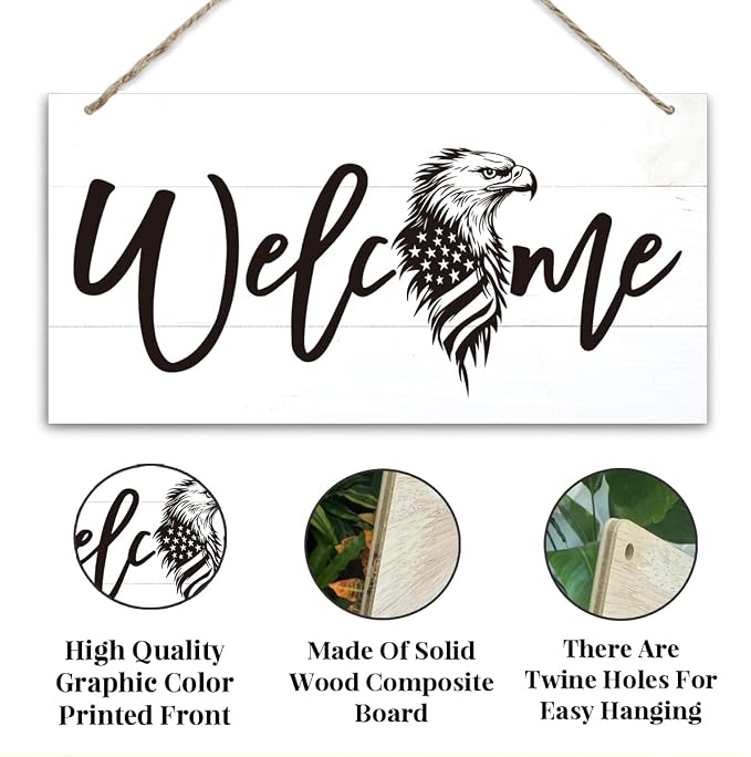 Welcome Sign for Front Door, Welcome Decor Wooden Hanging Sign, Patriotic Theme - Image 3