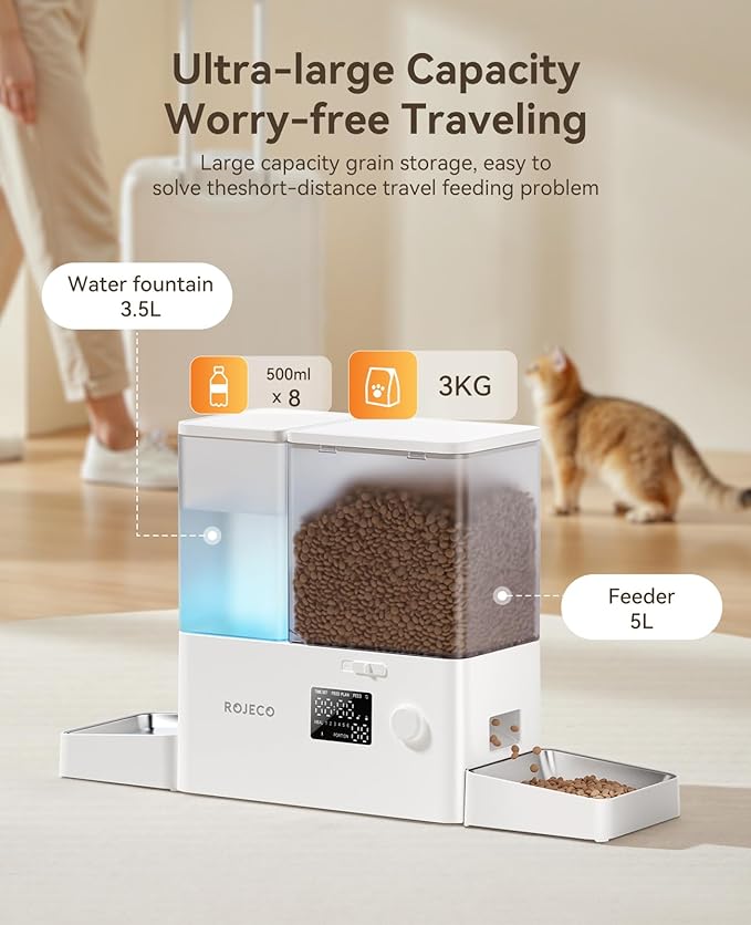ROJECO Automatic Cat Feeder and Water Dispenser, 36Cups/8.5L 2-in-1 Stainless - Image 5