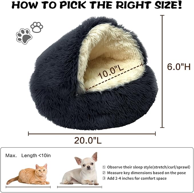 ShinHye Cat Bed Round Plush Fluffy Hooded Cat Bed Cave, Cozy - Image 2