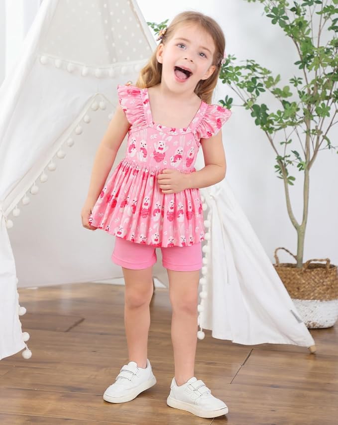 Toddler Baby Girls Summer Clothes Outfits Ruffled Sleeve Dinosaur Shirt Leopard - Image 2