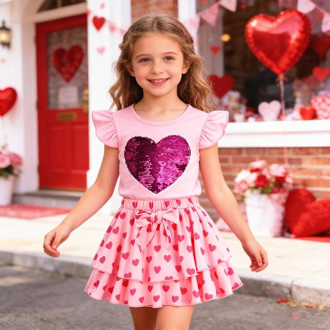 Girls Skirt Set 2 Piece Outfit Toddler Summer Clothes Ruffle Sleeve T-Shirt Bow - Image 2