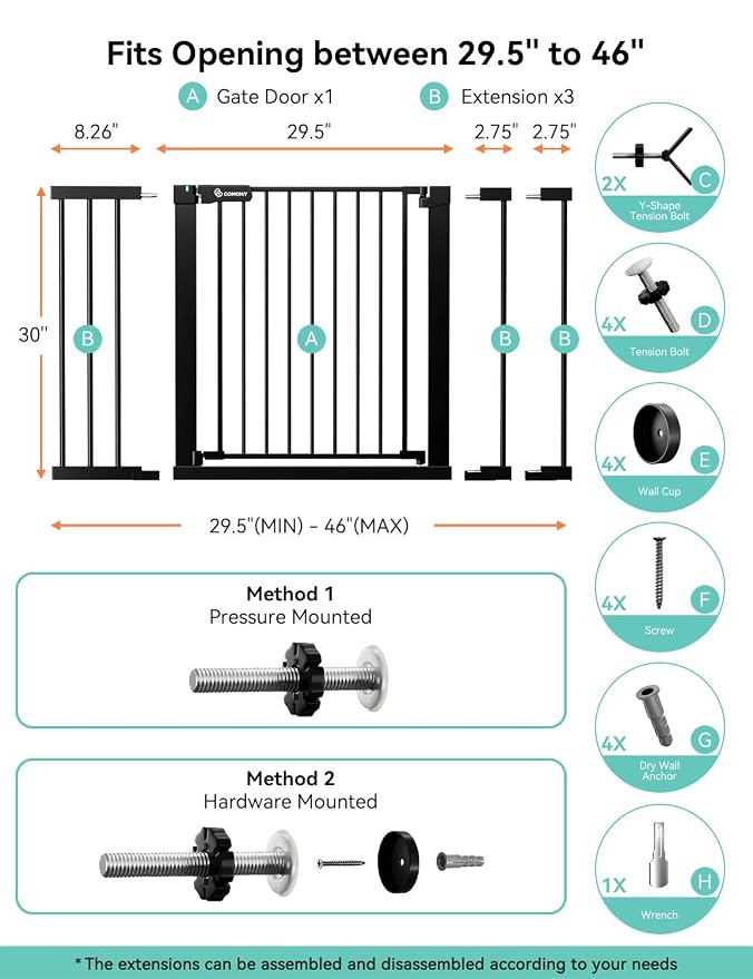 COMOMY 30" Tall Baby Gate for Stairs Doorways, Fits Openings 29.5" to 46" Wide - Image 6