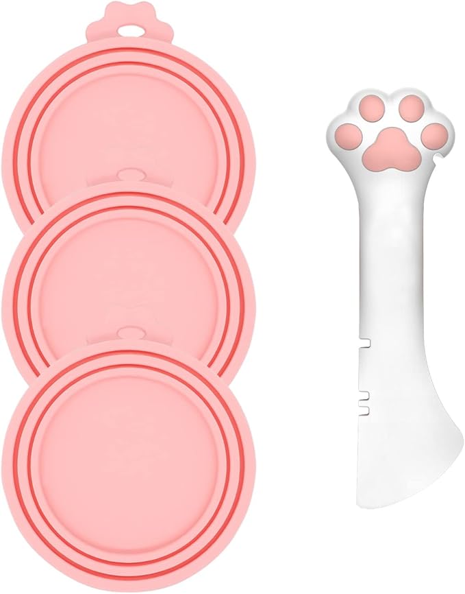 3 Pcs Pet Food Can Lids & One Can Spoon | Cute Paw Shape Opener Spatula Cat Wet by DORUI