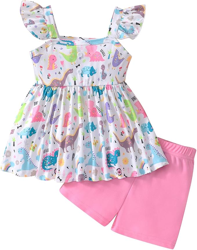 Toddler Baby Girls Summer Clothes Outfits Ruffled Sleeve Dinosaur Shirt Leopard by Popshion