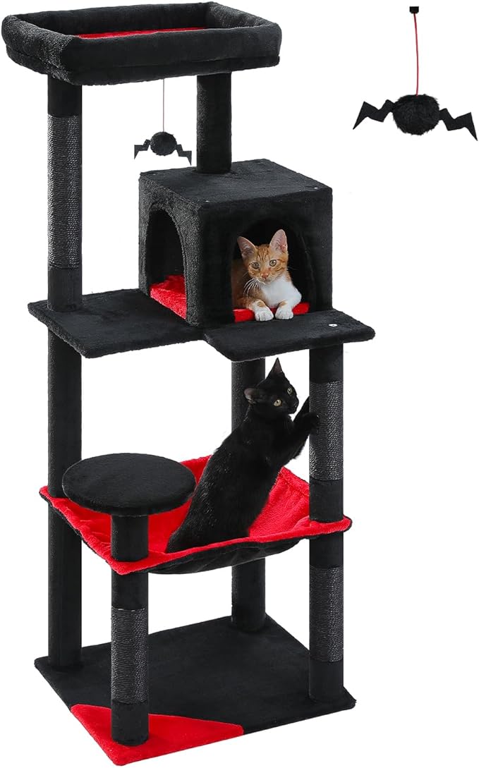 Gothic Cat Tree with Super Large Hammock, 56.3" Black Cat Tower with Coffin Bed by MUTTROS