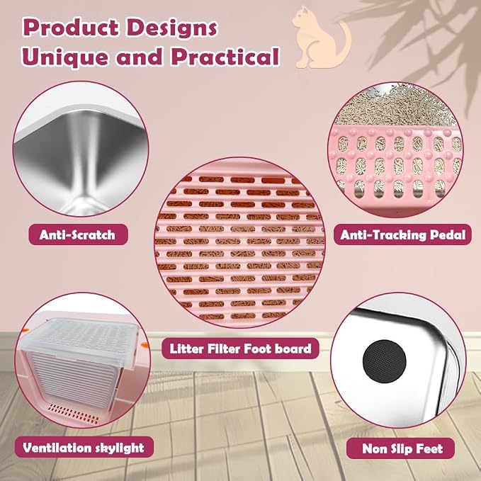 Vivifying Pink Stainless Steel Covered Cat Litter Box – Odor-Control, - Image 9