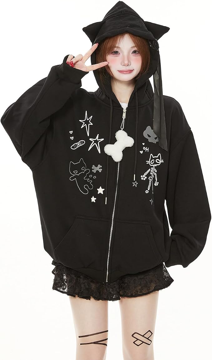 Womens Y2K Zip Up Cute Graphic Hoodies Cat Ears Casual Cartoon Harajuku Kawaii - Image 6