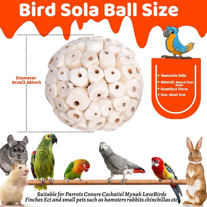 6 Pack Bird Toy Sola Balls, Natural Parrot Soft Chew Shredding & Foraging Toy - Image 2