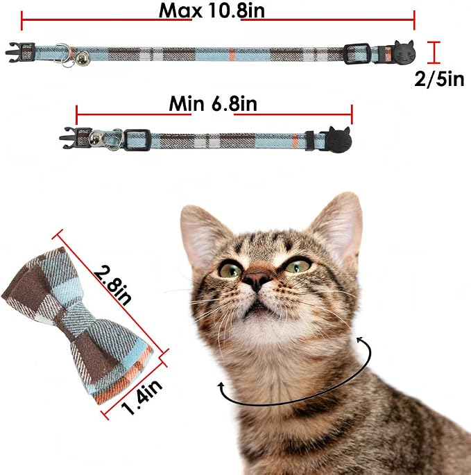 Cat Collar Breakaway with Bell and Bow Tie, Plaid Design Adjustable Safety - Image 6