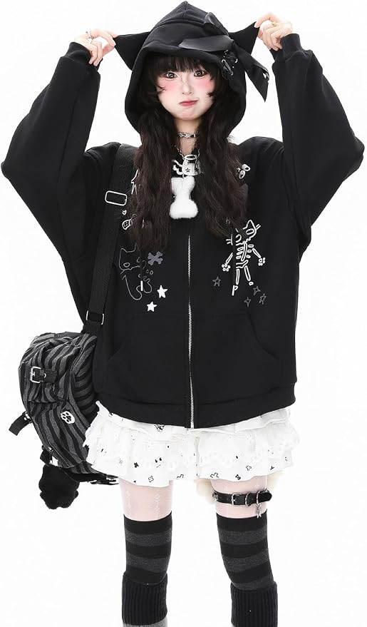 Womens Y2K Zip Up Cute Graphic Hoodies Cat Ears Casual Cartoon Harajuku Kawaii - Image 7