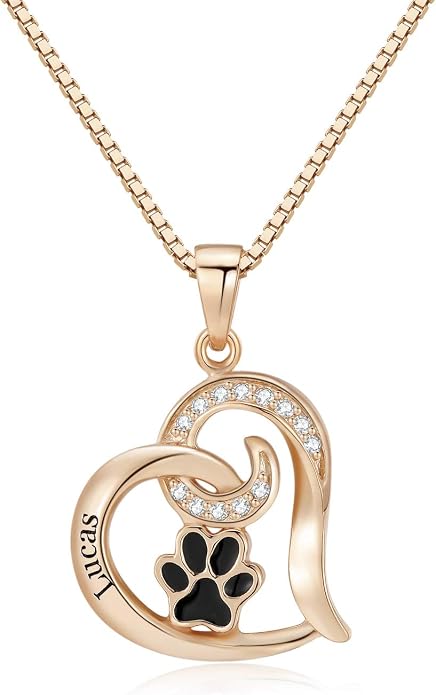 Personalized Cute Dog Cat Paw Name Necklace Forever Love Custom Heart Pendant - Image 2