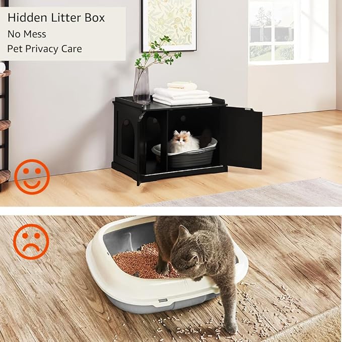 unipaws Black Cat Litter Box Enclosure Furniture, Kitty Hidden Cover, Concealed - Image 3