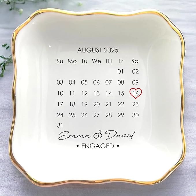 Custom Date Calendar Ring Dish Engagement Gift, Announcement Engaged Trinker by Anniversaree