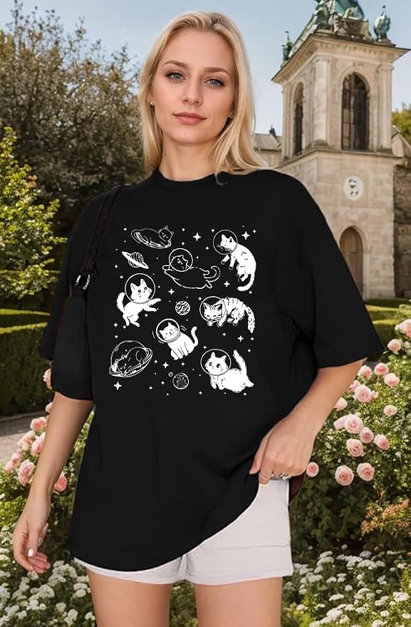 Cat Shirts for Women Oversized Cat Mom Shirt Animal Print Tops Cute Teen - Image 3
