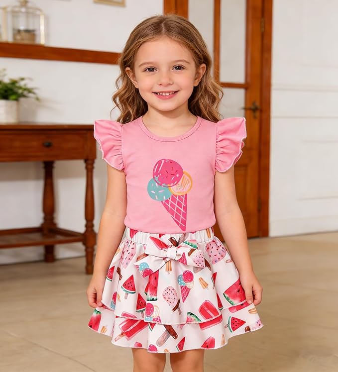 Girls Skirt Set 2 Piece Outfit Toddler Summer Clothes Ruffle Sleeve T-Shirt Bow - Image 3