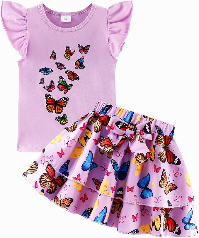 Girls Skirt Set 2 Piece Outfit Toddler Summer Clothes Ruffle Sleeve T-Shirt Bow by zarmfly